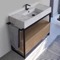 Console Sink Vanity With Marble Design Ceramic Sink and Natural Brown Oak Drawer, 43